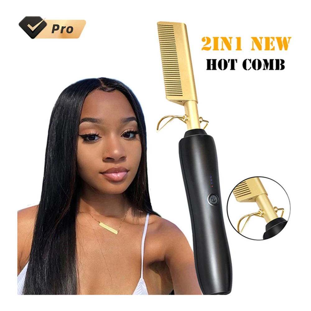 

Custom private label power cable ceramic hot comb for hair Straighten, Gold