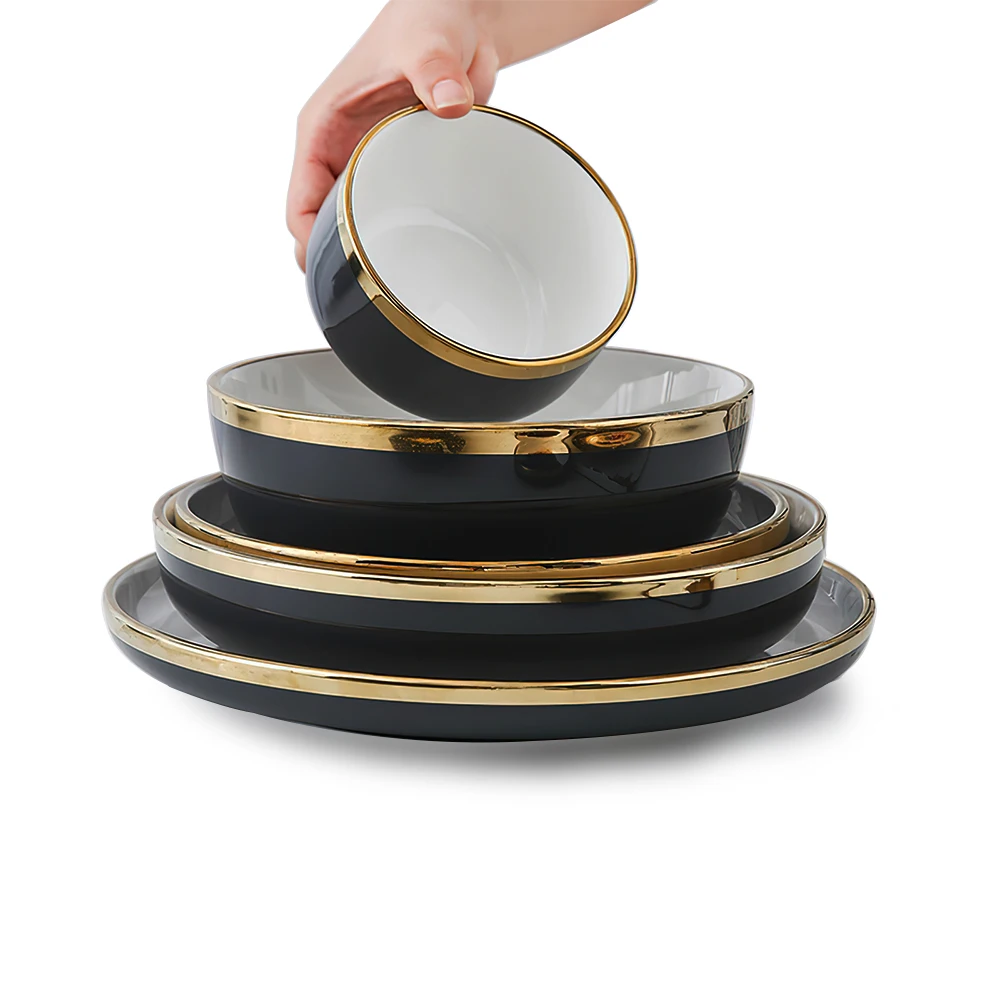 

Cheap modern restaurant Nordic gold soup bowl plate dishes porcelain ceramics plates dinnerware sets, Black