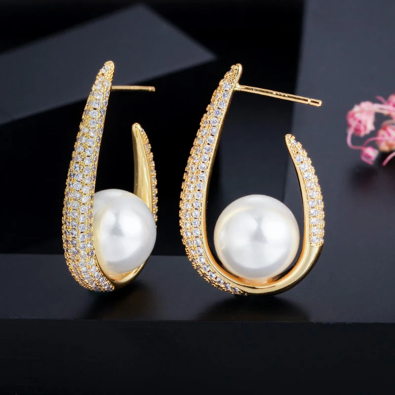 Unique Trendy Micro Pave Cubic Zirconia U Shape Round 18k Yellow Gold Plated Big Pearl Hoop Earrings for Women Jewelry