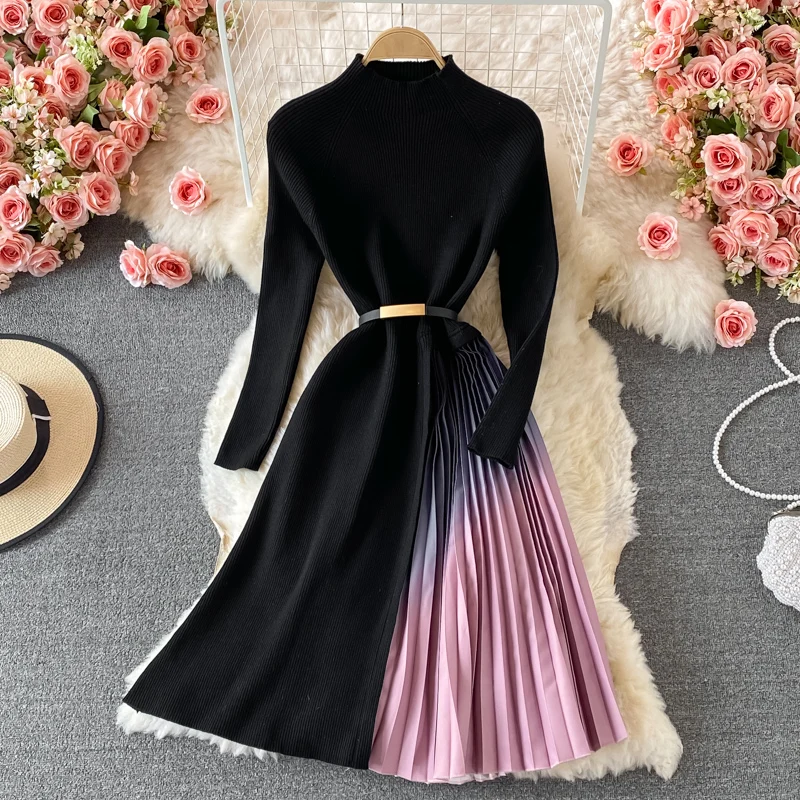 

Winter Knitted A-Line Women Dresses Stand Neck Pleated Woolen Dress Stitching Midi Casual Dress, Black,navy
