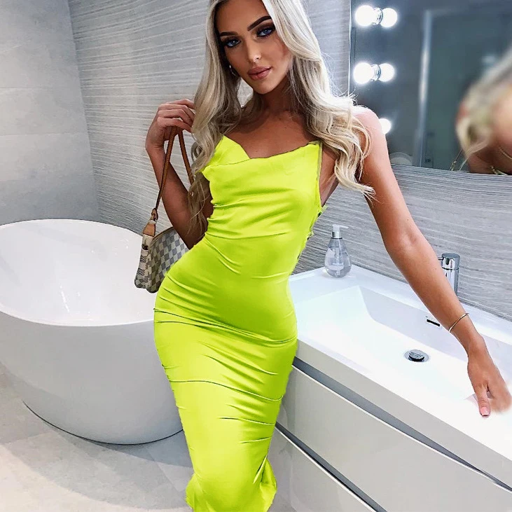 

X00648C neon satin lace up 2021 summer women bodycon long midi dress sleeveless backless elegant party outfits sexy club clothes