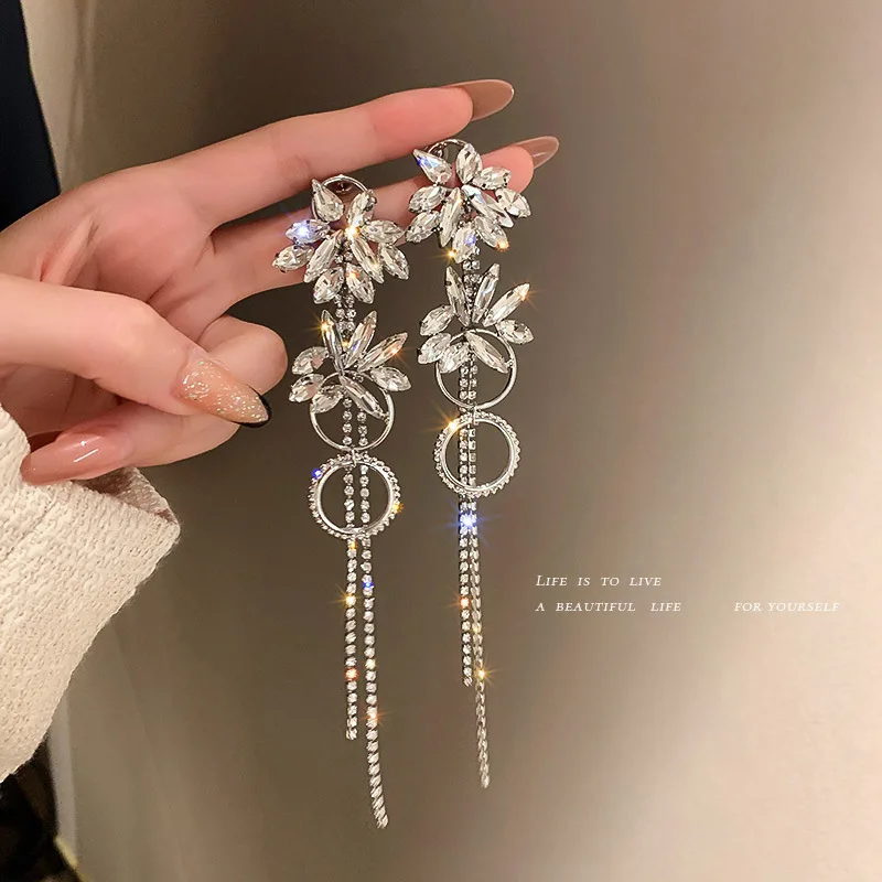 

Fashion trendy 96865 tassel drop stone long handmade tassels earring, Silver