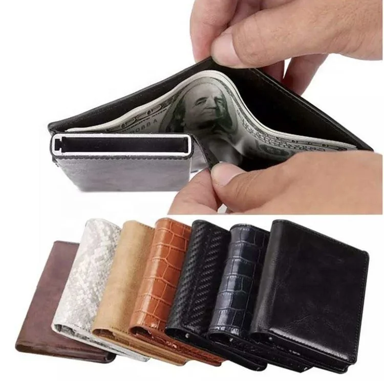 

2021 RFID Blocking Leather Push Button Aluminium Credit Card Holder Wallet