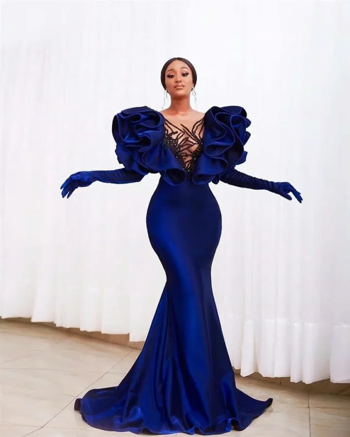 New Style Dark Blue Mermaid Satin Long Ruffle Sleeve Sexy Evening Dress ...