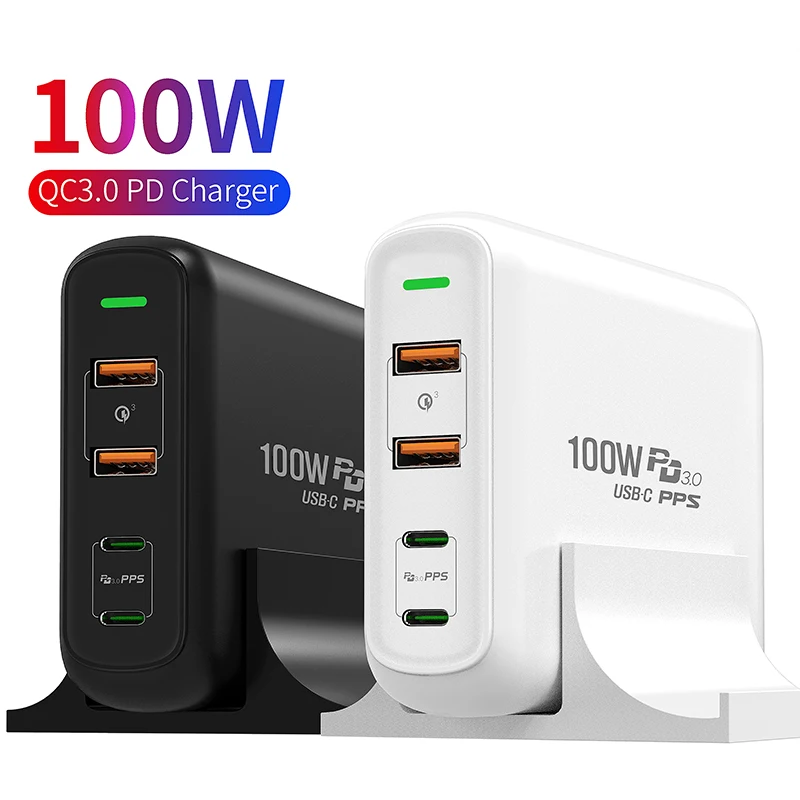 

Multi 100W PD Fast Charge 4 ports Portable Charger, Black white