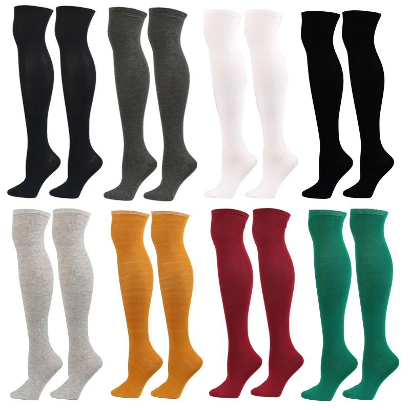 

Custom Logo Solid Color Plain Cotton Breathable Womens Girls Over Knee High Long Socks, Black white yellow green 8 colors