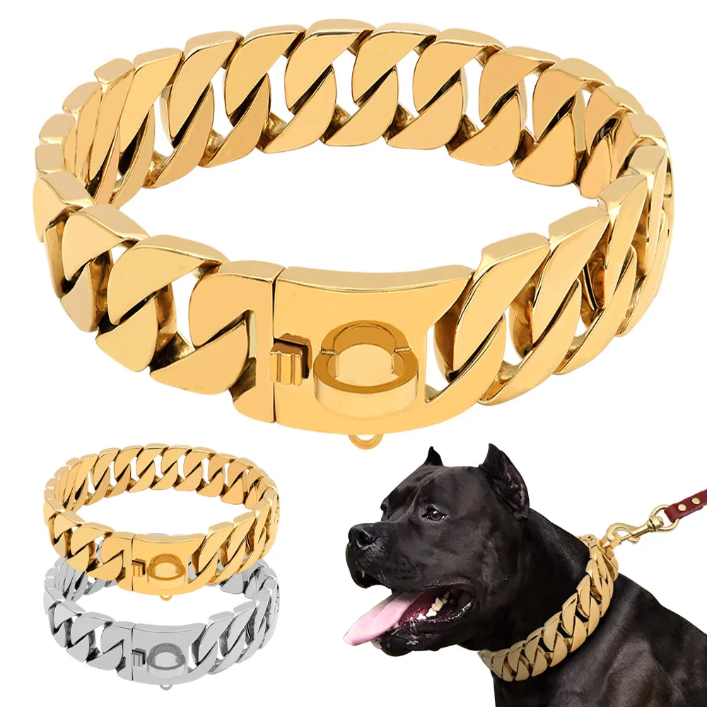 

Luxury Gold collares de perros Pet Big Hip Hop Leads Kit Choke Necklace XL Bully Cuban Stainless steel Dog Collars For big dog