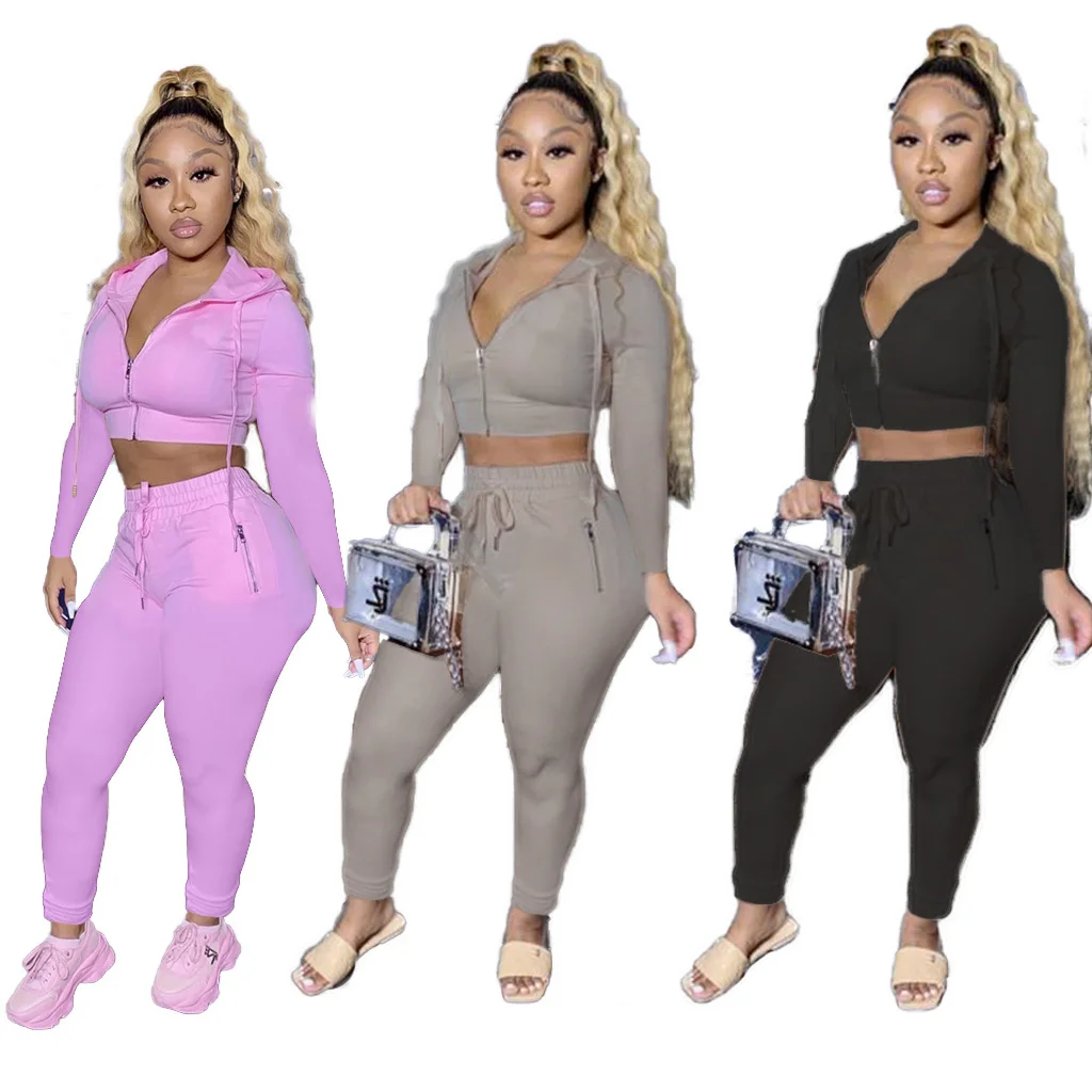 

2021 New ArrivalsSpring Women Clothing Suit Solid Color Personalized Zip Up Sports Hoodie Sweat Suits Piece Sexy Set Outfit, As pictures