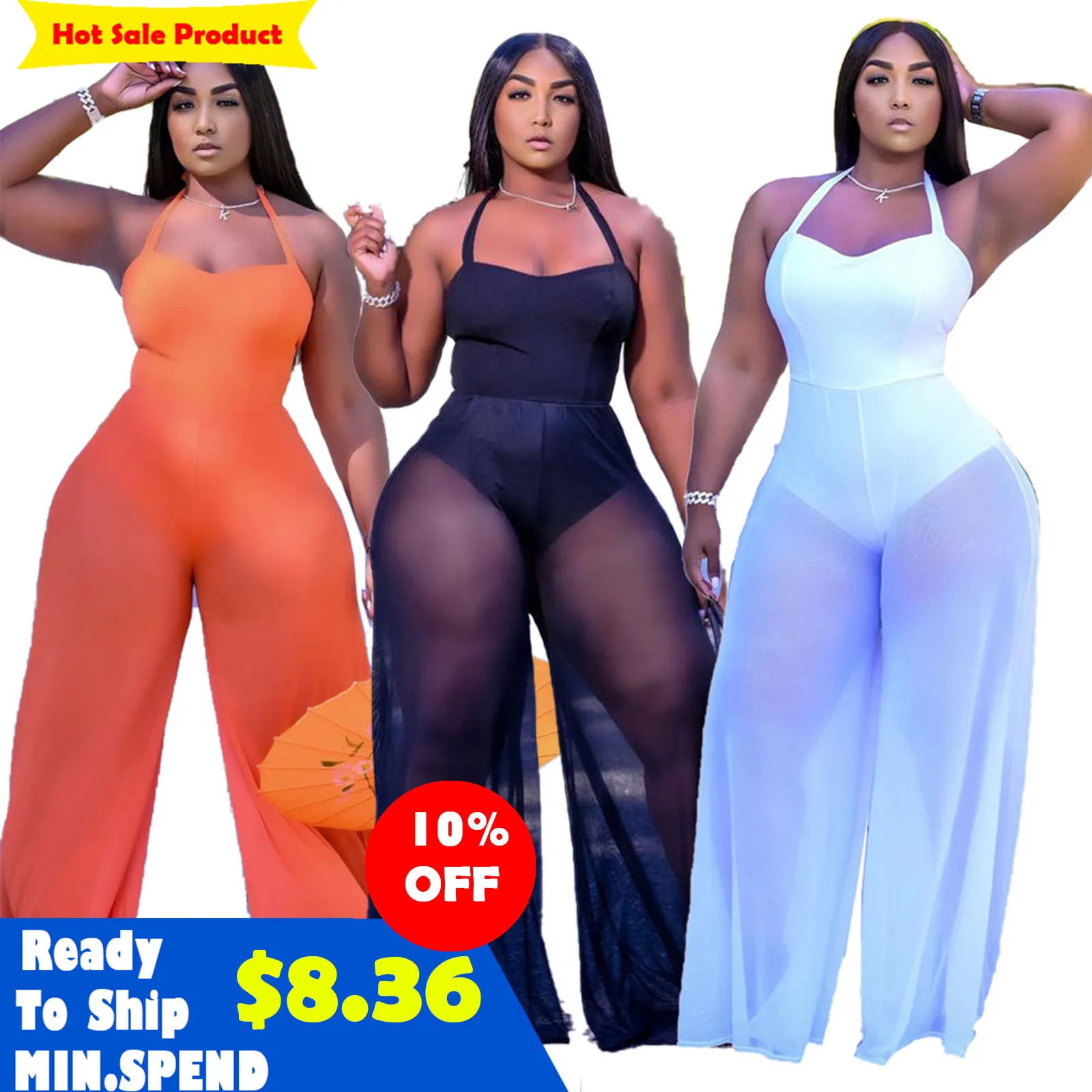 

Spring Summer 2021 Sexy Mesh Double Neck Tie Strap Wide Leg Plus Size Breathable Fashion Jumpsuit For Women Clothing, As picture