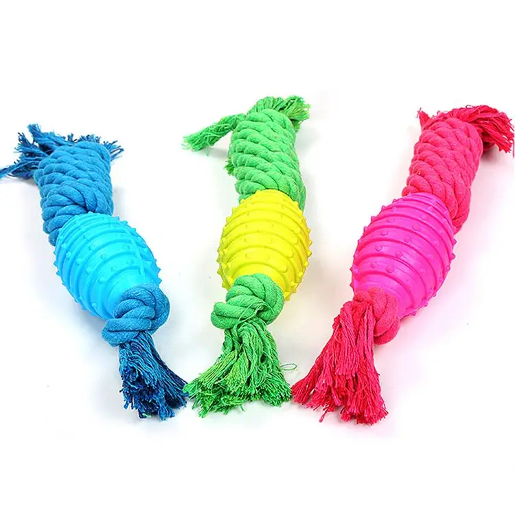 

High quality candy color TPR rubber rugby ball with cotton knot rope bite resistance dog chew toy, Picture showed