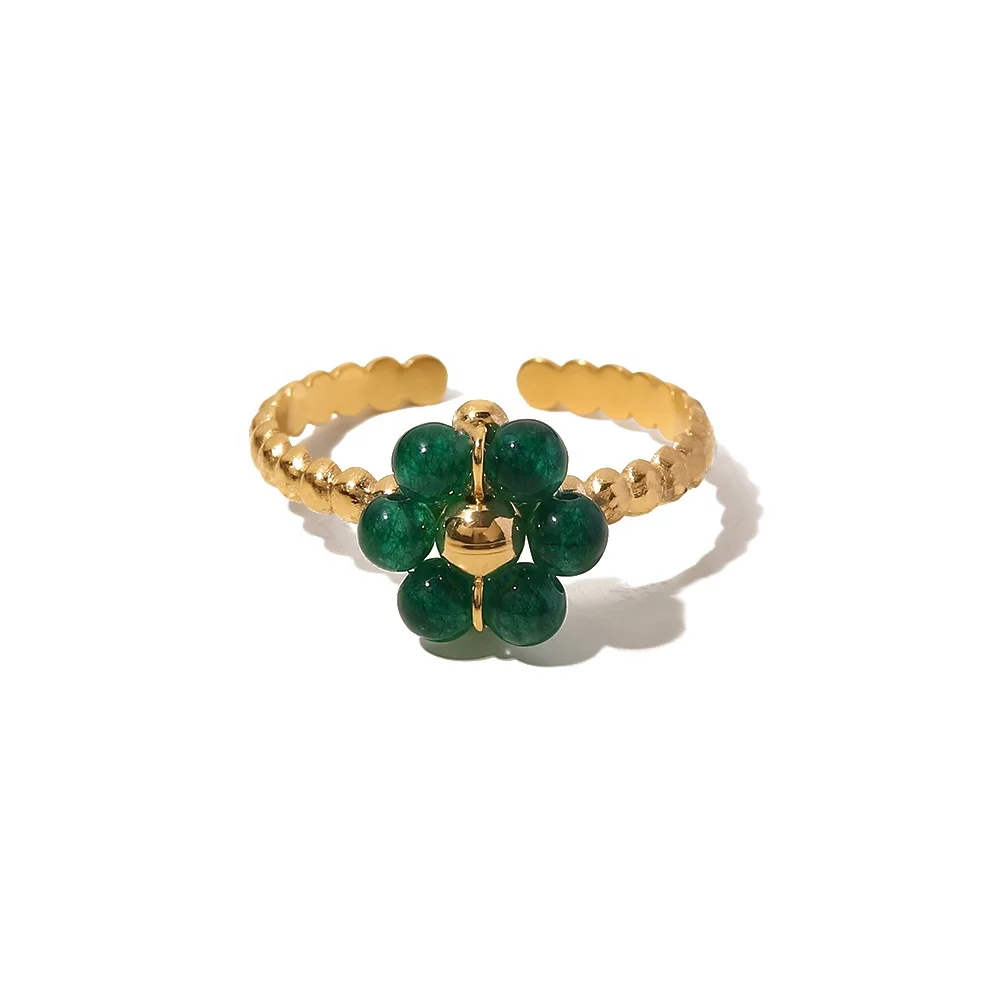 

Green Sunflower Natural Stone18K Gold Plated Stainless Steel Adjustable Rings Dainty Fashion Jewelry Rings