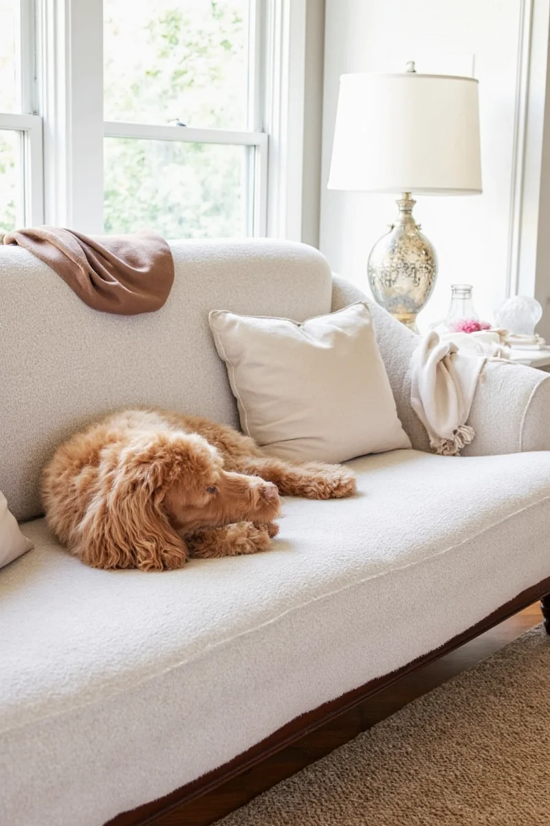 An oversized sectional fully wrapped in a dark slate gray slipcover with custom cutouts for arms and cushions.