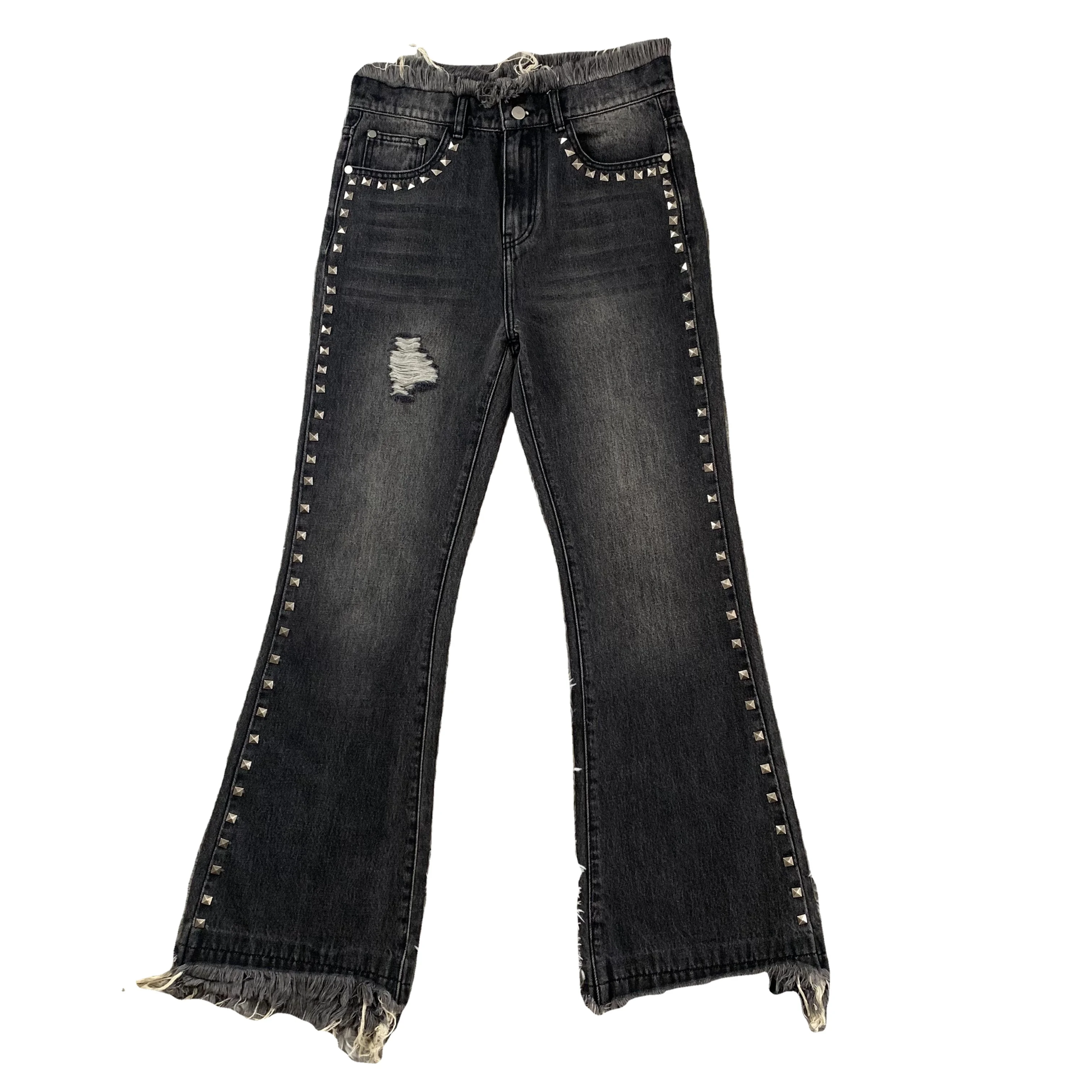 DENIMGUYS Men's Vintage Style Street Y2K Ripped Denim Bellbottom Pants Custom Metal Stud Men Streetwear Designer Flared Jeans