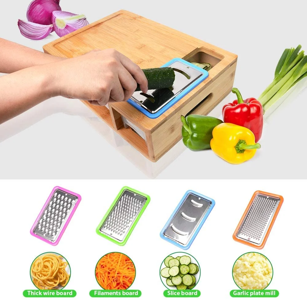 

Bamboo chopping board set with 4 drawer container tray and vegetable grater square cutting board for home use, Natural bamboo color