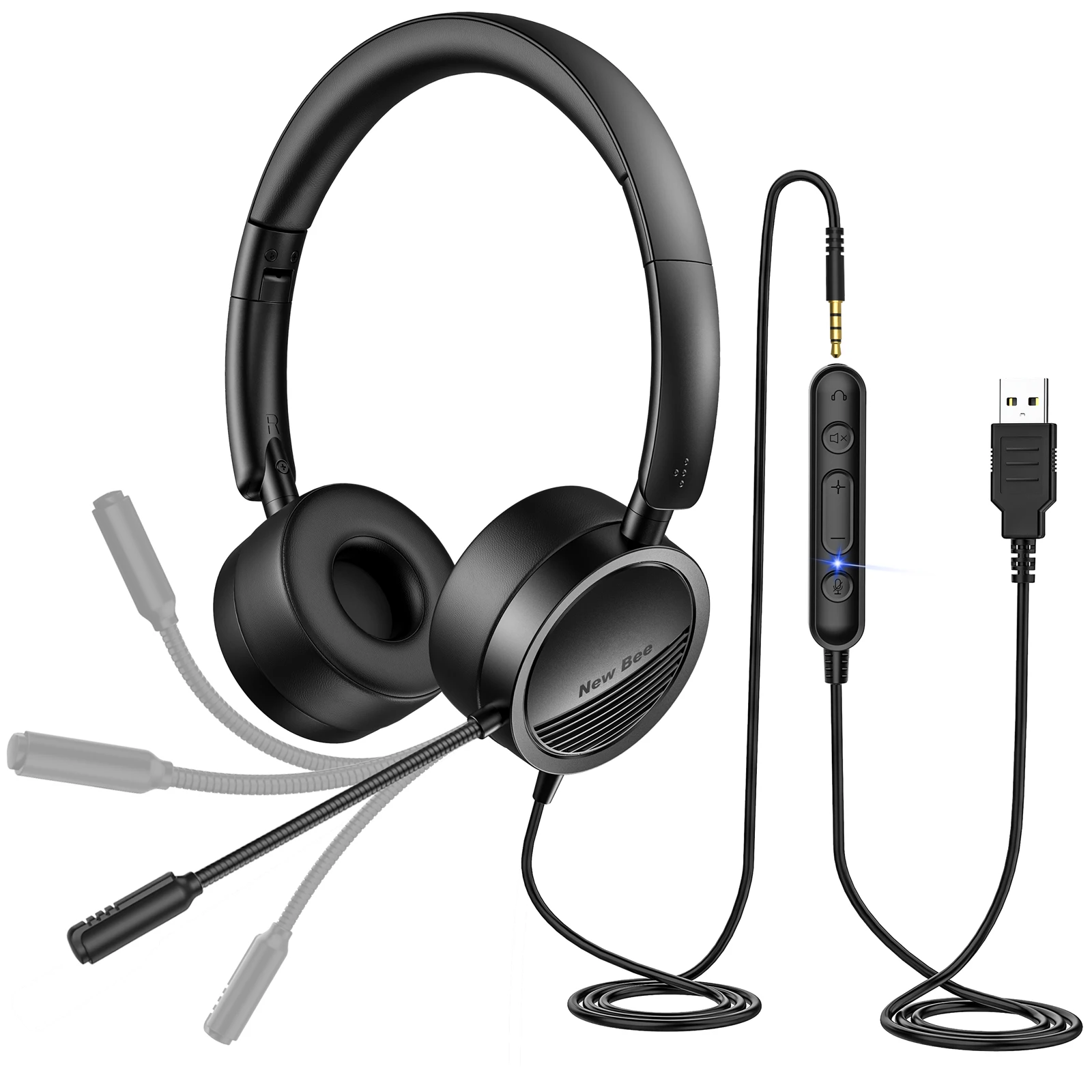 

New Bee H360 Over Ear Business Wired Headset Computer PC Telephone USB Headsets Headphones with Mic