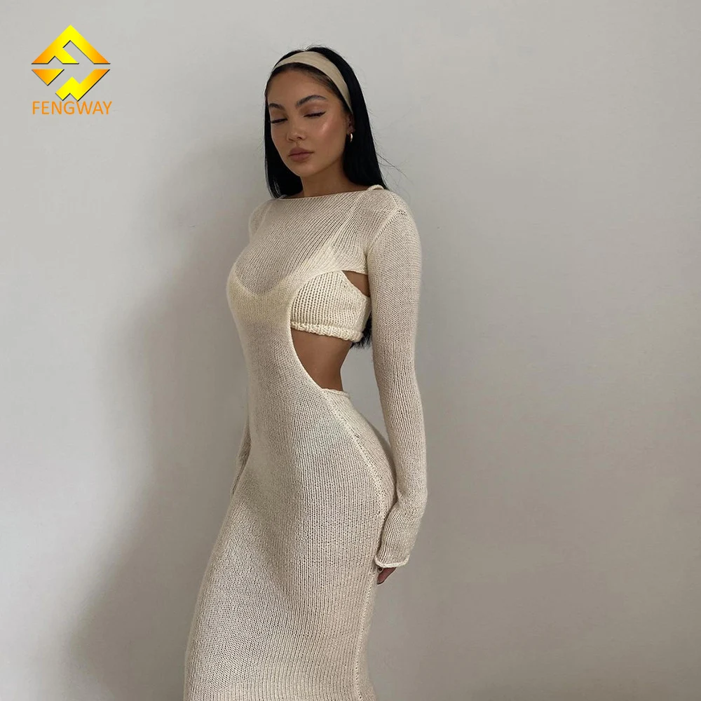 

Vestido Ajustado Fall 2021 Women Clothes Custom Logo Sexy Hollow Out Long Sleeve Maxi Skirt Set 2 Piece Set Women, Picture color