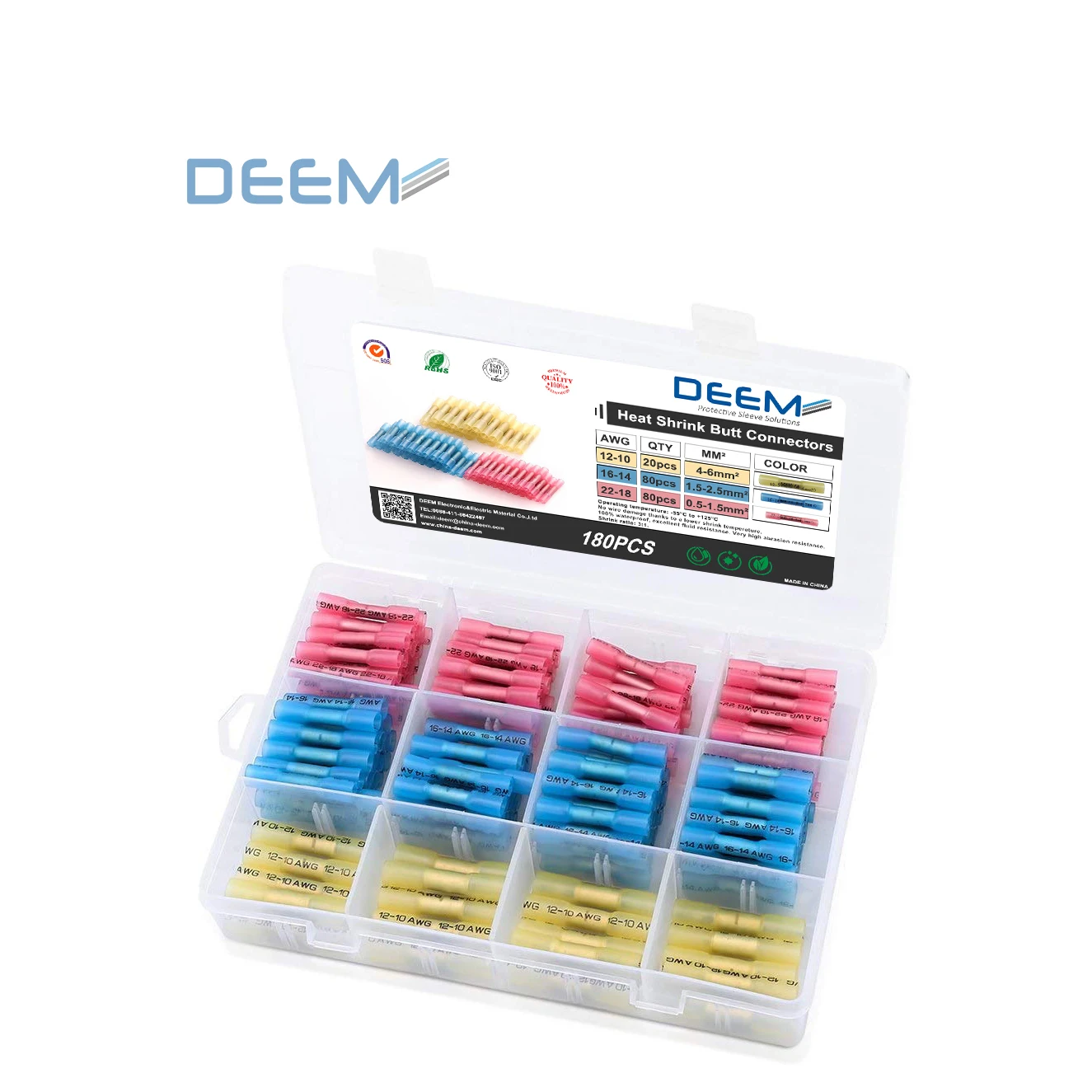 

DEEM 180pcs Insulated Heat Shrink Butt Connectors Wire electrical 10-22 AWG Kit