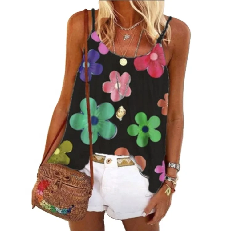 

Women Summer Flower Printed Loose Sling Camisole T-shirt Plus Size Top Tees