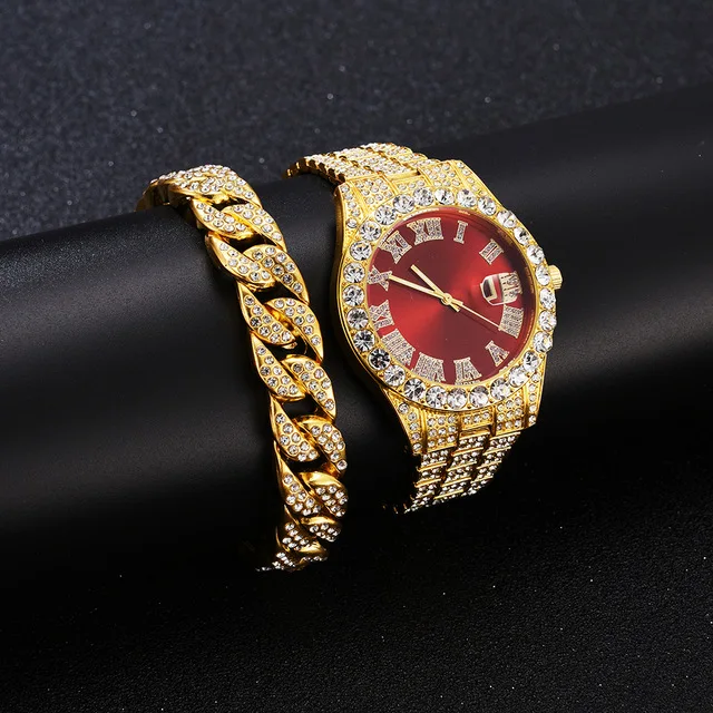 

Newest Arrival Men's Jewelry Set 18K Real Gold Plated Diamond Watch Set Hip Hops Crystal Rhinestone Cuban Chain Bracelet Watch