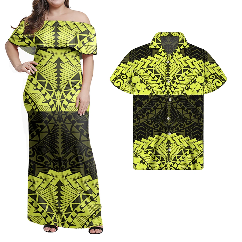 

High-quality Samoan Dress Suit Polynesian Tribal Stripe Print Female Lotus Leaf Shoulder Dress With Shirt Couple Suit, Customized color
