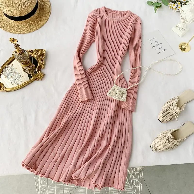 

2022 new autumn long sleeve long dress korean style knit sweater dress red knitted dress, Grey