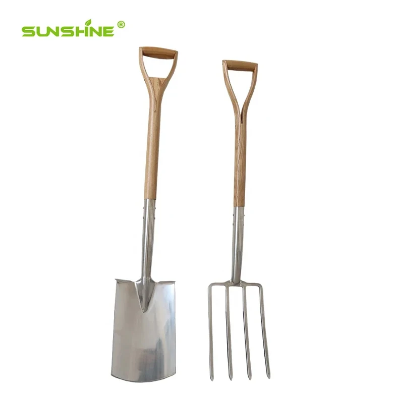 SUNSHINE China Supplier FSC Ash Wood D Handle Garden Tools Stainless Spade and Fork