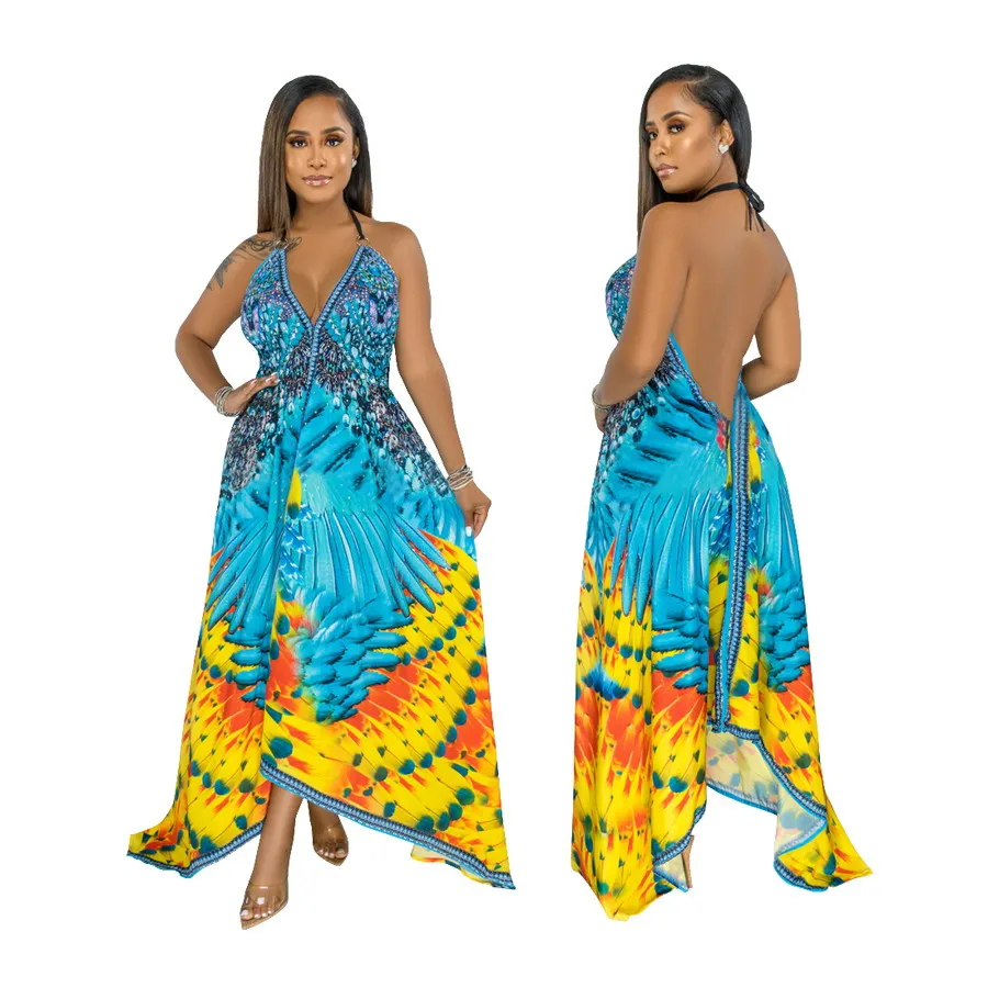 

Foma CY9032 summer 2021 new dresses printed sexy women V neck backless big irregular skirts long beach dress for ladies, 1 color