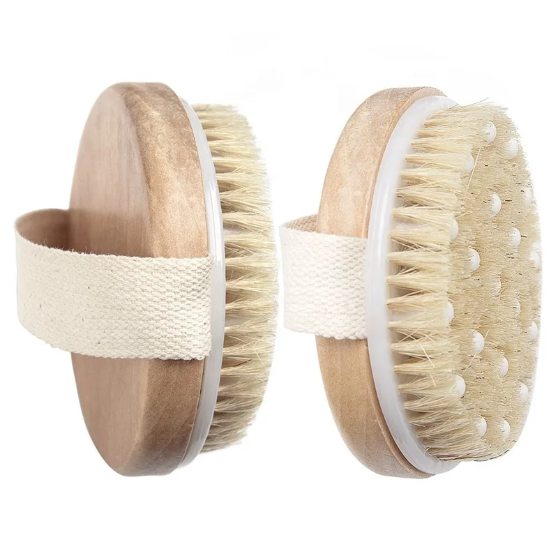 

Professional Wooden Handle Exfoliating Dry Skin Body Scrub Bath Brush With Natural Bristles And PPR Massage Nodes, Natural color