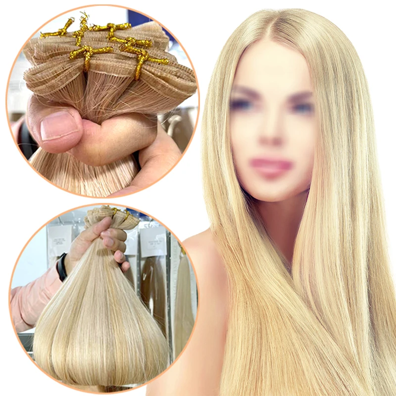 

Factory direct price Russian double drawn machine double weft hair blonde color volume flat silk weft hair extensions, Light color. dark color