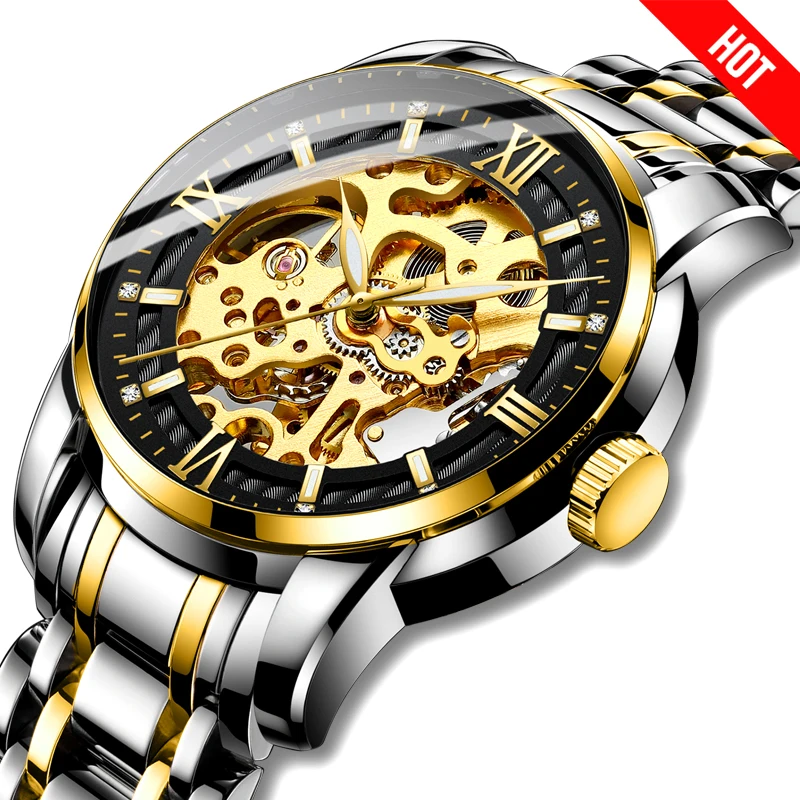 

Mechanical Watch Gold Watch Roman Number hollow watches Luminous Hands reloj hombre