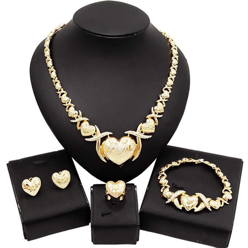 

Yulaili I Love You Big Heart Hug and Kiss Fashion Jewelry Set Hot Sale Africa Necklace Bracelet Earrings Ring Jewelry Set
