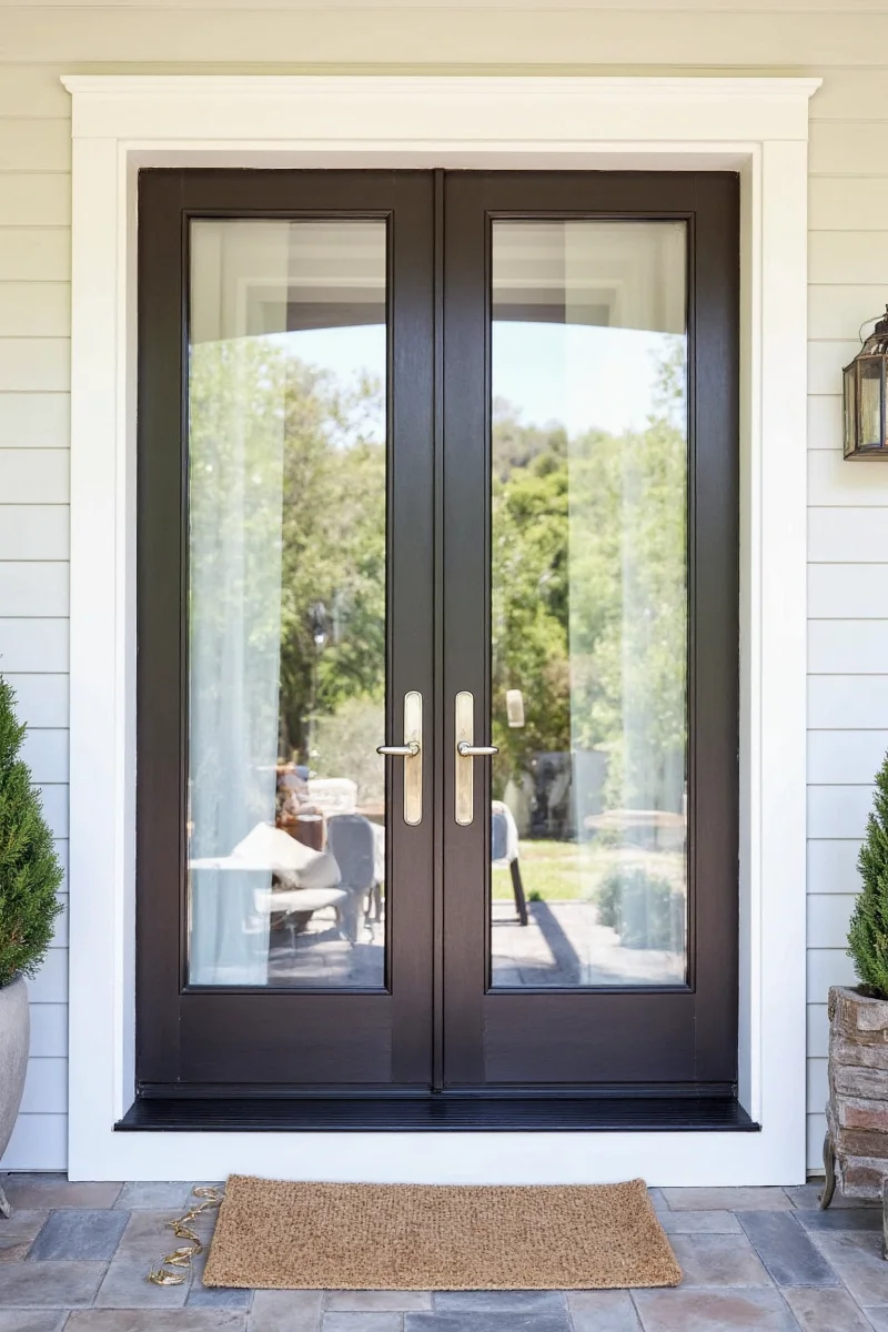 Festive Christmas decorations on French door