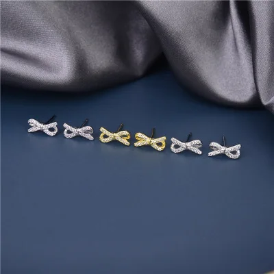 

Cute Mini S925 Sterling Silver Earrings Geometric 18K Gold Plated CZ Bow Knot Stud Earrings For Women Girlfriend Gift