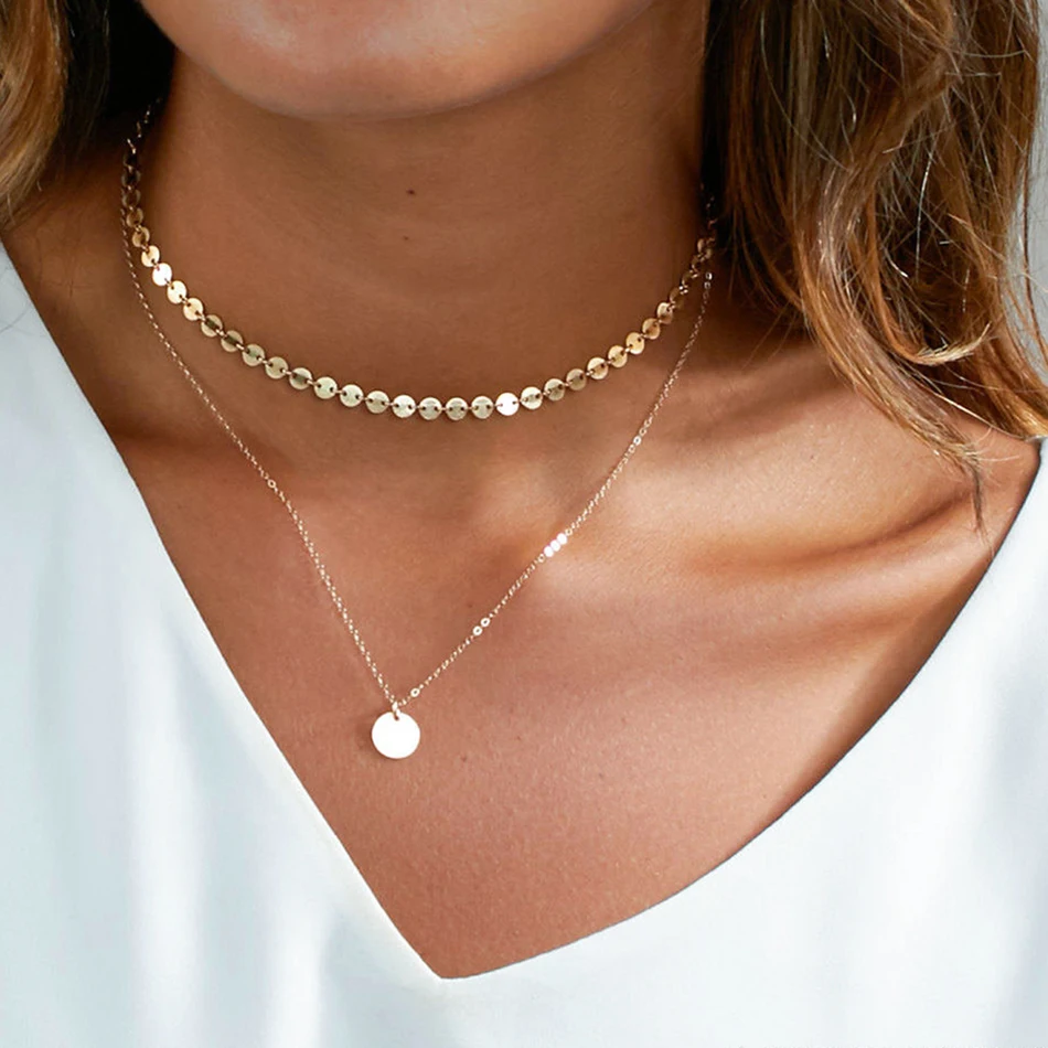 

JUJIE 316L stainless steel clavicle geometric disc double layer clavicle necklace personalized chain, Silver/gold/rose gold