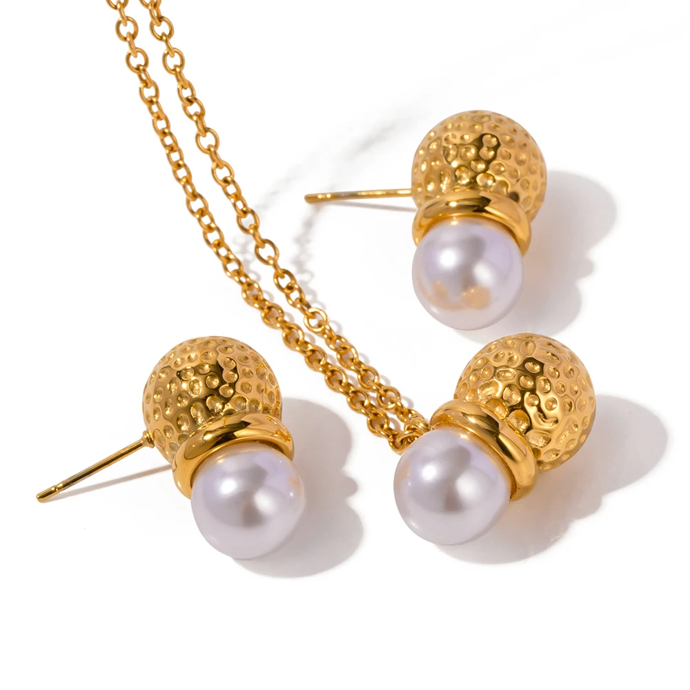 

J&D Jewelry 18K Gold Plated Stainless Steel Peanut Hammer Ball Pearl Pendant Earring Necklace for Girls