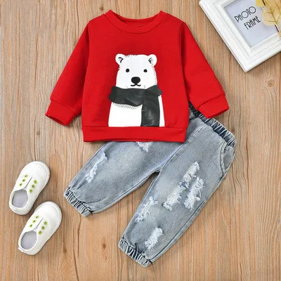 

New Boutique baby 2 pcs clothing set long sleeve cartoon printed sweatshirt top + ripped jeans pants outfits clothing set, Picture shows