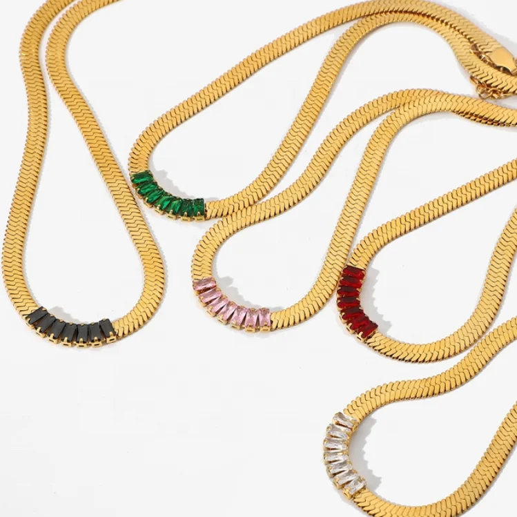 

Women Crystal Zircon Snake Chain Necklace Jewelry Stainless Steel Chunky Gold Flat Blade Snake Chain Necklace For Punk Girls, Gold/silver/rose gold