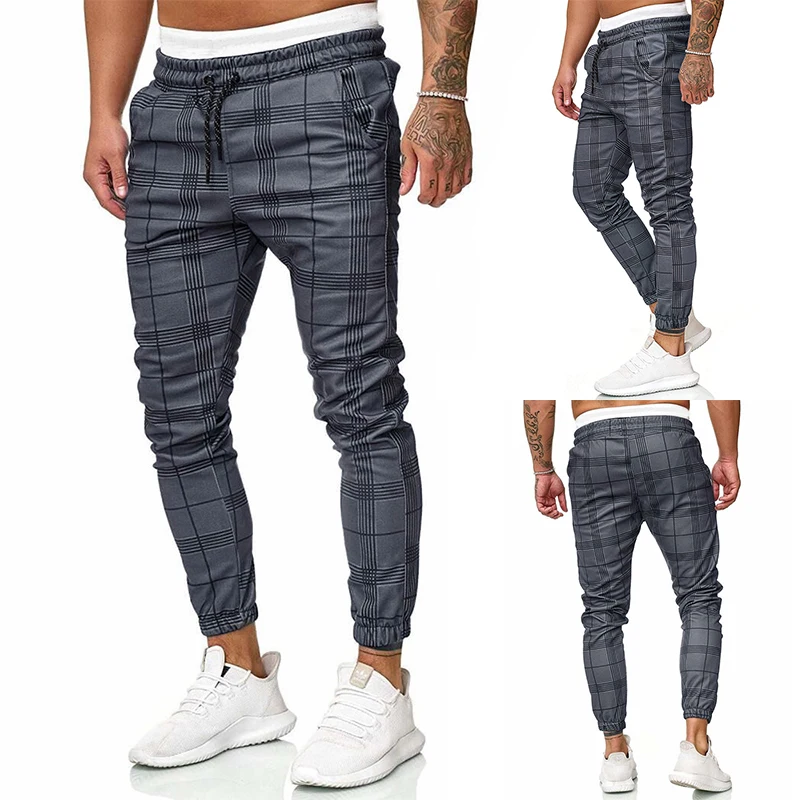 

Drop Shipping Men's Sport Pants Long Summer Slim Fit Plaid Trousers Running Joggers Chino Sweatpants Ankle-Length Pant, As picture