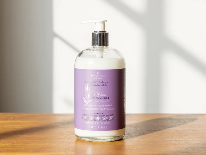 Glass bottle of lavender almond fabric conditioner on wooden table