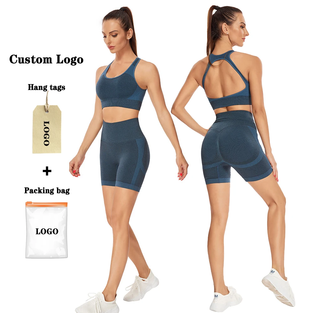 

Wholesale Yoga Women Bra Set 2 Piece Set Women Yoga Suit Fitness Seamless Knitted Yoga Shorts Set, Customized color