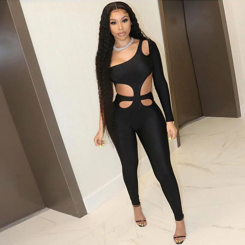 

Sexy Black One Shoulder Slash Neck Women's Jumpsuit