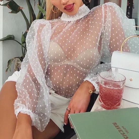 

Sexy Women's Plus Size Lantern Long Sleeve Sheer Mesh Stand Collar Loose Party Blouse Top Bow Tie Back, Black&white or custom