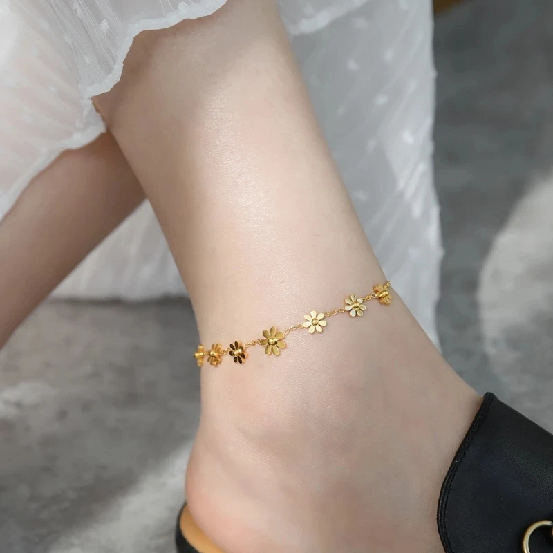 

Customized Fashion 18 K Gold Jewelry Wholesale Gift Trendy Unisex 316L Stainless Steel Sunflower Daisy Anklet Chain for Women
