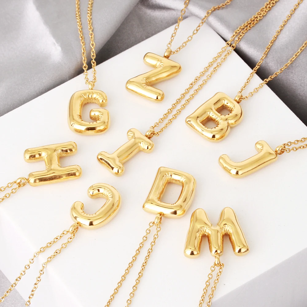 

Wholesale Custom 18K Gold Plated Alphabet Charm Pendant Necklace Fashion Dainty Stainless Steel Bubble Letter Initial Necklace