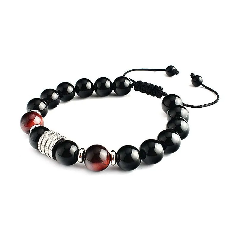 

2021 Luxury Handmade Cool Natural Black Lava Stone Metal stainless steel Silver Charm Bead adjustable Bracelet for Men