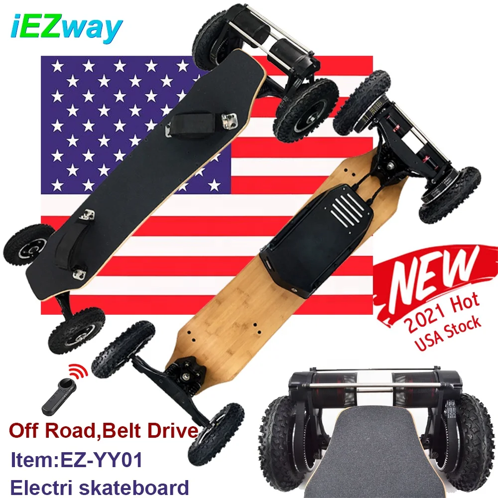 

2021 iEZway US Warehouse Drop Shipping Dual Belt Drive 4 wheel All Terrain Off Road Electronic Skate Board Electric Skateboard, Black