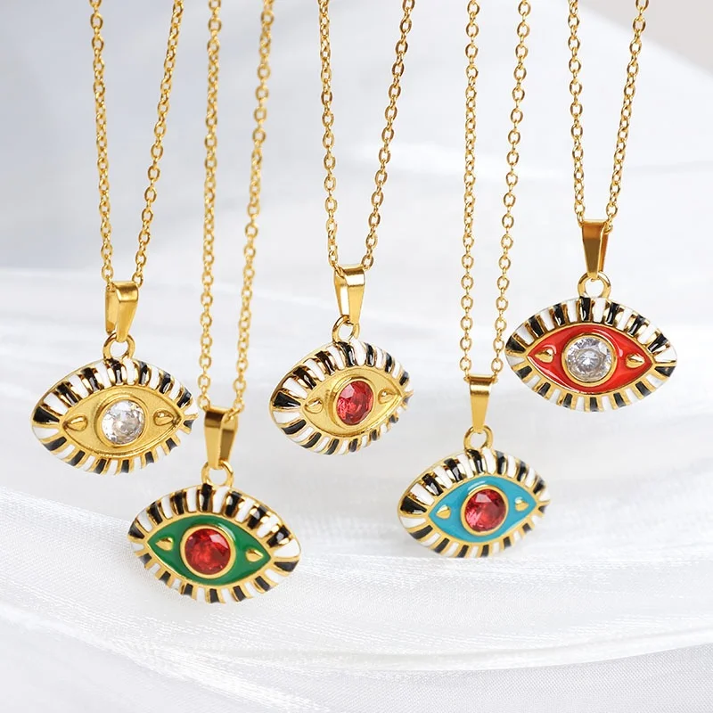 

18K Gold Plated Stainless Steel Waterproof Tarnish Free Jewelry Colorful Enamel Turkish Devil Evil Eye Pendant Necklace