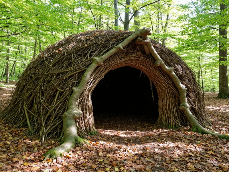 Natural debris shelter built with branches and leaves