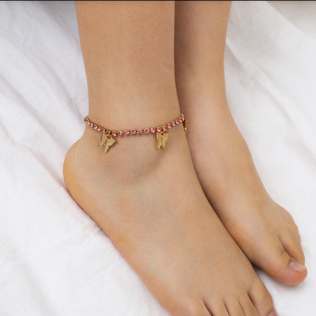 

2020 Beach Foot Jewelry Shinny Gold Silver Pink Rhinestone Butterfly Anklet Crystal Butterfly Pendant Anklet Bracelet