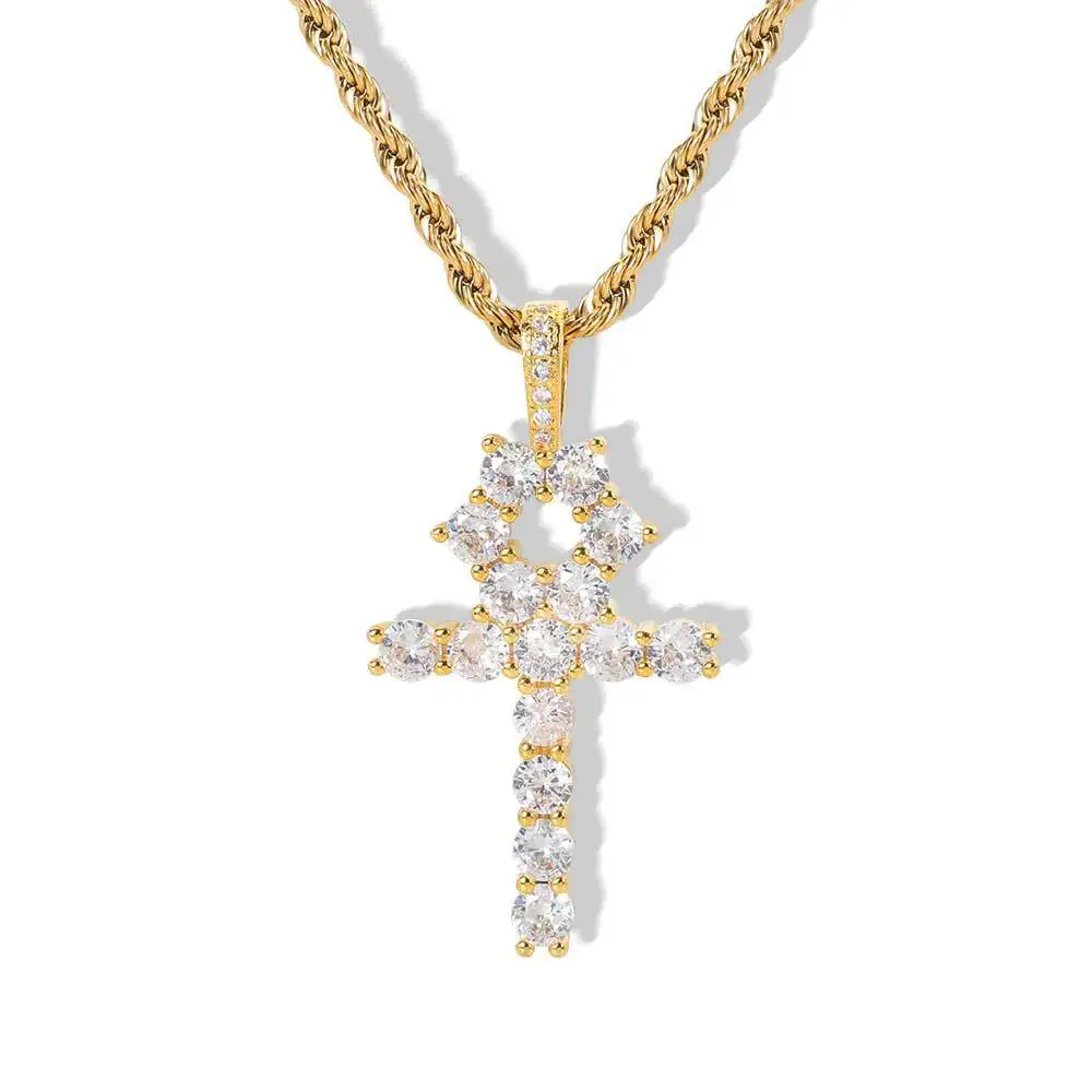 

Hip Hop Jewelry Iced Out CZ Diamond Copper Egyptian Ankh Pendant Key Cross Necklace for Unisex, Picture shows